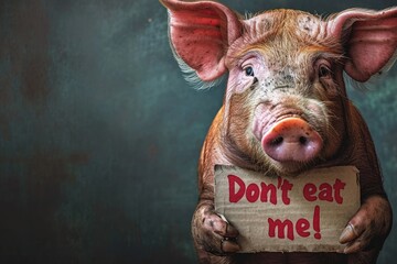 An endearing pig looks directly into the camera while holding a sign pleading Dont eat me!, creating a humorous and emotive portrait.