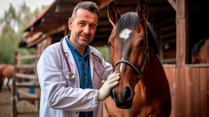 Veterinarian at a horse farm. Selective focus. - obrazy, fototapety, plakaty