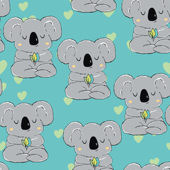 Seamless pattern with cute koala baby on color background. Funny australian animals. Card, postcards for kids. Flat vector illustration for fabric, textile, wallpaper, poster, paper
