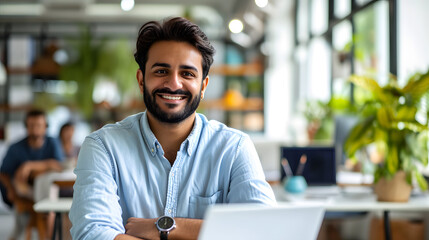 Fototapeta premium A cheerful and prosperous businessman is depicted in this portrait, grinning and gazing at the camera. He seems pleased with his accomplishments. The man is working on a laptop inside an office buildi