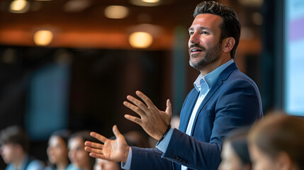 A confident man delivering a presentation in a boardroom, a corporate seminar speaker, an executive public speaker