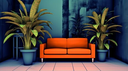  A minimalistic interior design with an orange sofa and indoor plants.