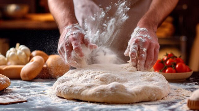 A man cook molds dough with his hands. Selective focus.