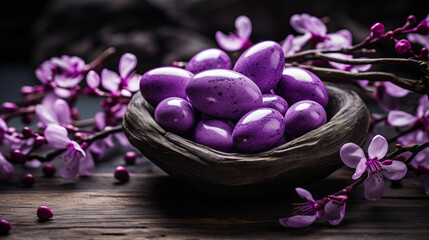 Purple Easter Eggs with Spring Blossoms in Bowl