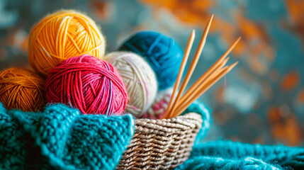 Basket with balls of thread. Selective focus.