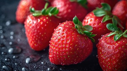 Strawberries background. Red strawberries arranged in a visually pleasing manner, with sparkling water droplets for a tempting appearance, full of frame, fresh vibe.