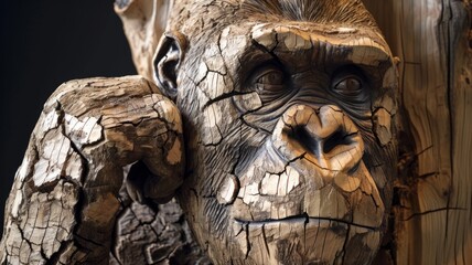 A gorilla sculpture carved from wood. Wooden art object of an animal with many age cracks in the wood