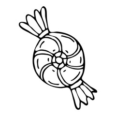 Candy in doodle wrapper. Caramel lollipop. Hand drawn graphics illustration.