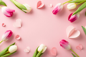 Beloved blooms: Top view snapshot of stunning tulip blossoms and heart accents on a soft pink background. Ample space for expressing love through personalized messages or promotional text