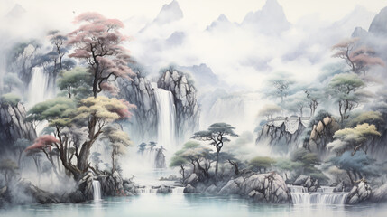 Towering high mountain waterfall ink landscape painting