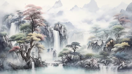 Zelfklevend Fotobehang Towering high mountain waterfall ink landscape painting © Ashley