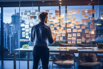 Rear view of male executive looking at bulletin board in office. Businessman Analyzing Project on Office Wall Boards. generative ai - obrazy, fototapety, plakaty