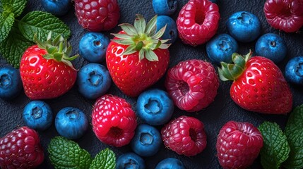Mix of berries such as strawberries, blueberries, and raspberries arranged artfully for a burst of...