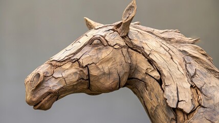 A horse sculpture carved from wood. Wooden art object of an animal with many age cracks in the wood
