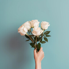  Woman hands holding white rose for Happiness moment, Love, couple, Anniversary, Valentine's day, wedding and love concept, Generative AI.