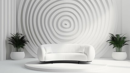 A modern living room with a spiral circle wall.