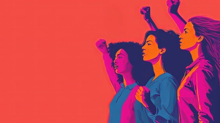 Strong and seriously looking women together in protest. Arms and fists raised up. Red banner with copy space