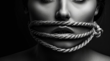 Black and white portrait of woman with mouth covered by ropes. Concept of freedom of speech, freedom of expression democracy feminism and censored - obrazy, fototapety, plakaty