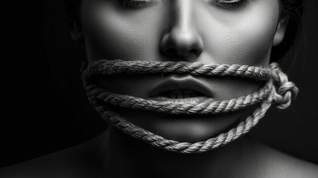 Black and white portrait of woman with mouth covered by ropes. Concept of freedom of speech, freedom of expression democracy feminism and censored