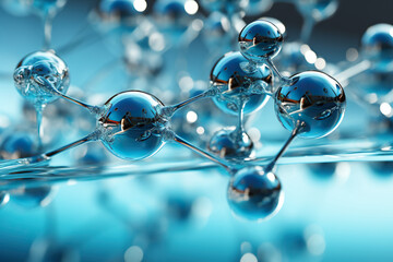 Atoms and molecules closeup with blue bokeh background. Generated by artificial intelligence