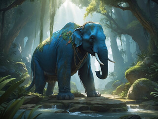 Fantastic blue elephant living deep in the forest