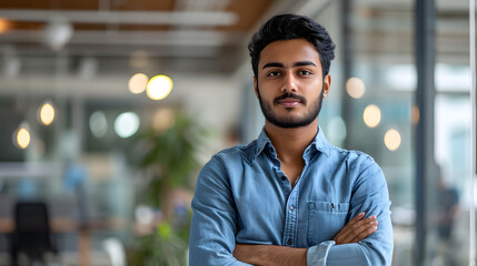 A picture of a young, accomplished Indian man who works as a programmer and developer is seen standing in an office building, crossing his arms over his chest, and giving the camera a serious face