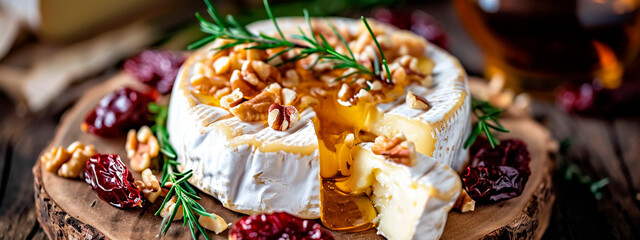 Camembert with honey and nuts. Selective focus. - obrazy, fototapety, plakaty