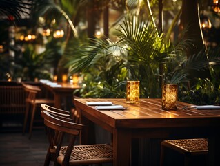 Fototapeta na wymiar Modern cozy outdoor restaurant with green plants, blurred background with wooden table for product and text placement