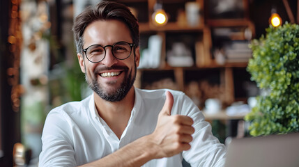 A satisfied businessman wearing glasses gives a thumbs up while using a laptop at the office - obrazy, fototapety, plakaty