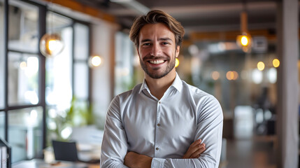 Obraz premium A self-assured young businessman stands in his office, grinning and facing the camera. Stylish and sophisticated business executive managing a thriving CEO