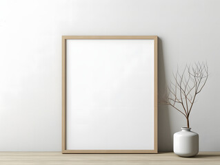 3D blank wooden frame mockup in the wall