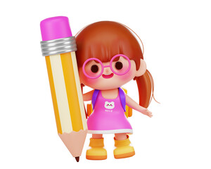 Cute girls or kids with Big pencil cartoon 3d illustration character