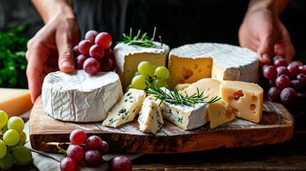 Various cheeses with grapes on a plate in hands. Selective focus.