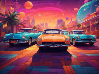 Fototapeta na wymiar Psychedelic Spaces Flat Cartoon Illustration design of Cars in a Vibrant Vector Style Designs.