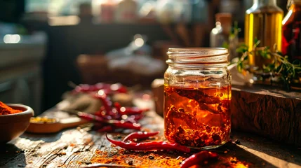 Fotobehang Chili oil in a jar. Selective focus. © yanadjan