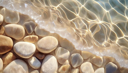 Fototapeta na wymiar Top View of Smooth White Pebble Stones Beneath Transparent Water with Rippling Waves, Mimicking the Surface Pattern of the Sea Bottom