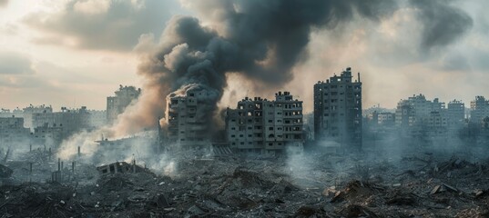 City buildings ruin after war bombing. Generative AI technology. - obrazy, fototapety, plakaty