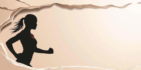 Silhouette of fitness running woman, wall with rock effect. Make yourself concept. Banner with copy space