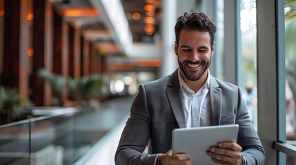 A young, prosperous Hispanic man uses a tablet computer app at work. He smiles and works with a laptop while wearing a business suit. He is delighted with his accomplishment