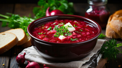 Traditional Ukrainian beet soup borscht on the table - obrazy, fototapety, plakaty