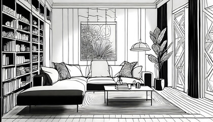 Interior design with modern living room in black line sketch. Generative AI.