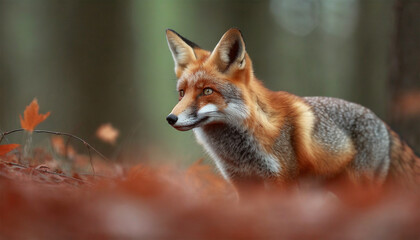Adorable Red Fox, Vulpes vulpes, Amidst Orange Autumn Foliage