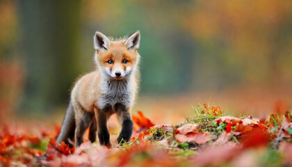 Naklejka na ściany i meble Adorable Red Fox, Vulpes vulpes, Amidst Orange Autumn Foliage
