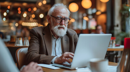 Fototapeta premium An elderly gentleman at a table in a cafe using a laptop. Man in his 60s with spectacles using a laptop