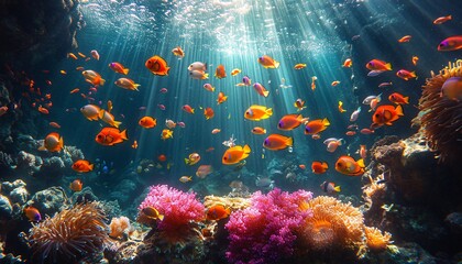 Fototapeta na wymiar Underwater Paradise: A Vibrant Display of Colorful Fish in the Ocean Generative AI