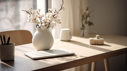 Neutral Minimalist lifestyle in Scandinavian style. Sunny day. Minimalistic interior, with a simple beautiful composition with flowers in vase.