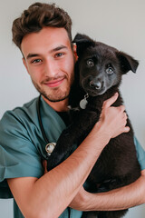 puppy in the hands of a veterinarian. Selective focus.