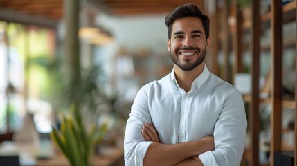 Arms crossed, a confident, wealthy, and cheerful young Latin businessman poses for a portrait at his office. Hispanic professional CEO, manager, and businessman with a smile as he looks away and muses