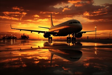 Fototapeta na wymiar Airplane in the airport at sunset