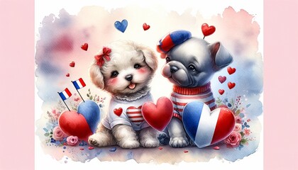 A charming watercolor concept illustration for Valentine's Day, featuring a cute couple of puppies with a patriotic French theme 01